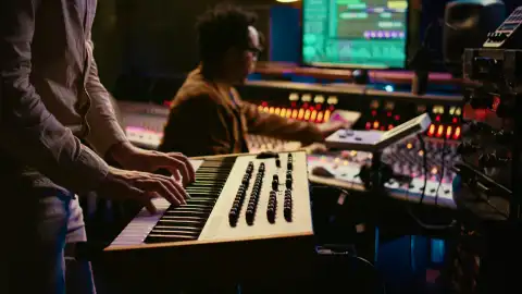 Mani sulla tastiera e sul banco di missaggio, in studio di registrazione